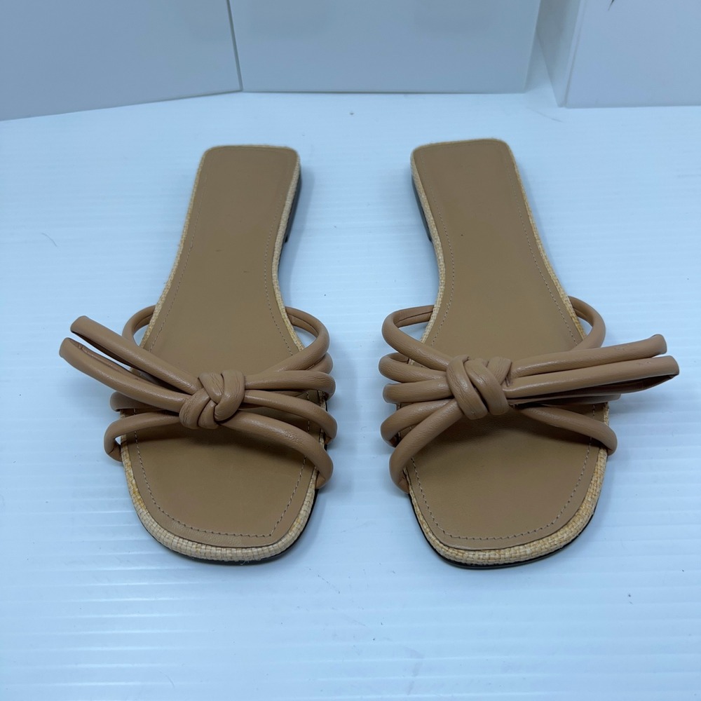 Schutz Womens 6.5B Nude Leather Blossom Bow Slide Sandals